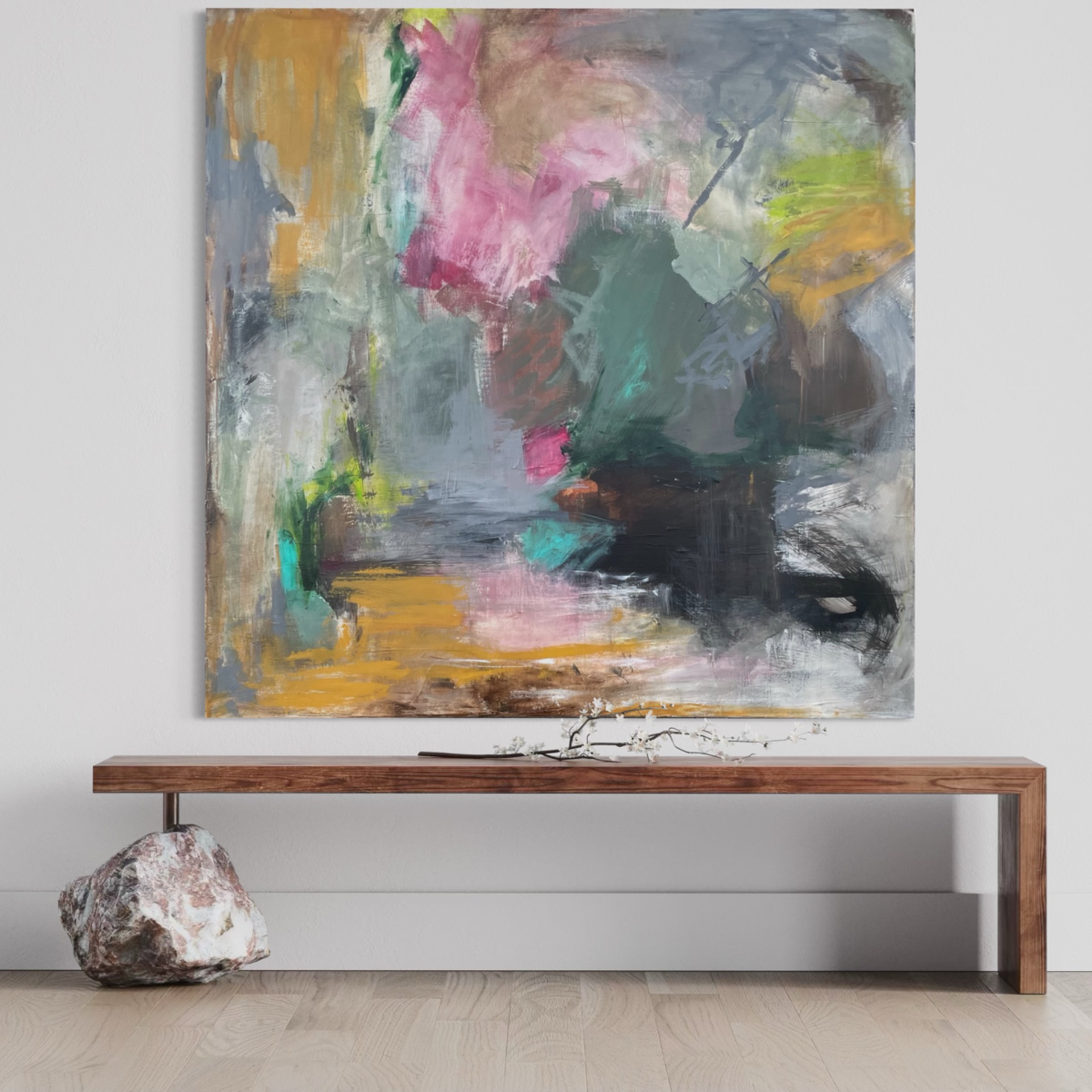 Farverigt Maleri til Stuen 100x100 cm