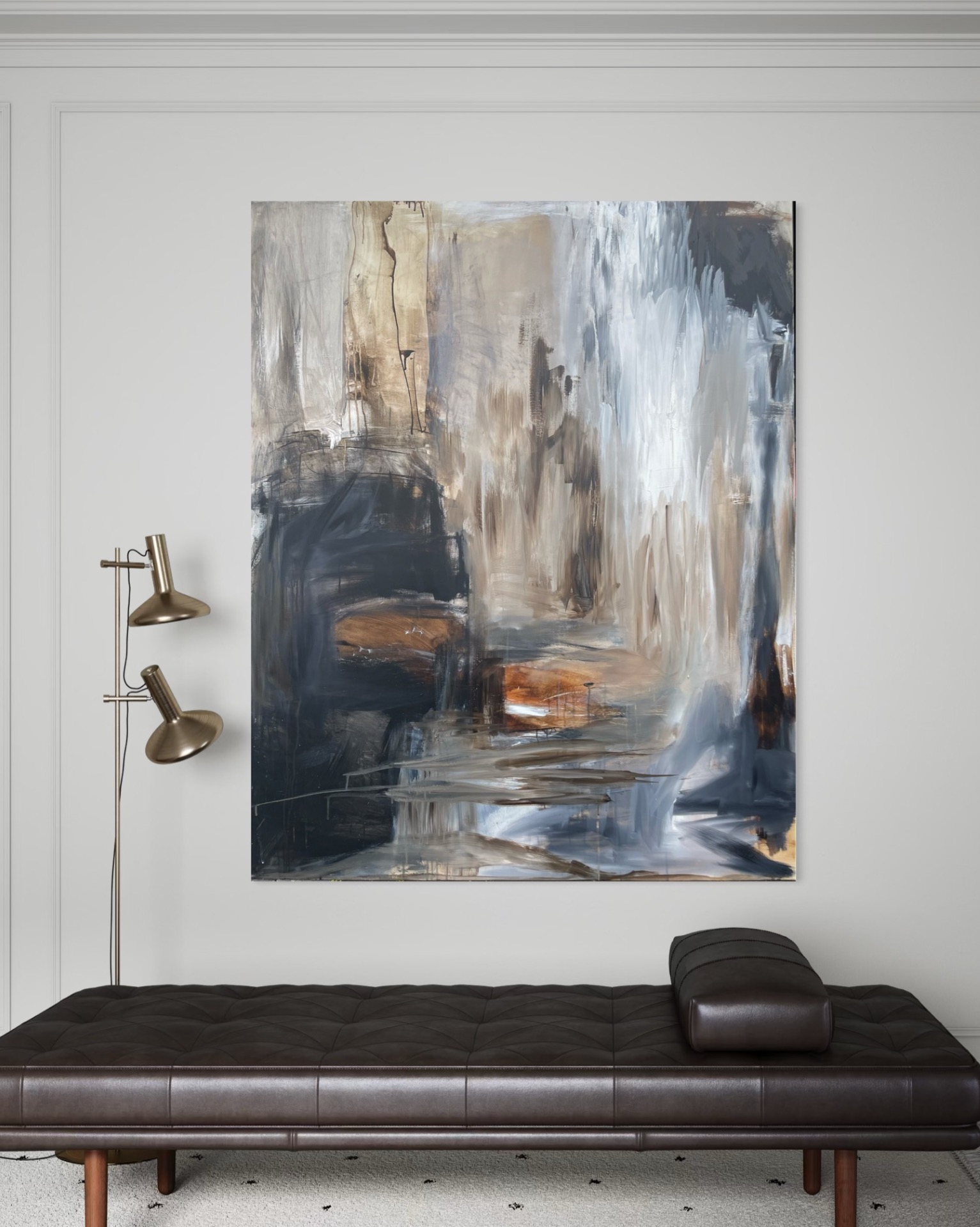 Stort Mørkt Maleri sort/beige/rødbrun/hvid - 120x150 cm - Moderne Kunst