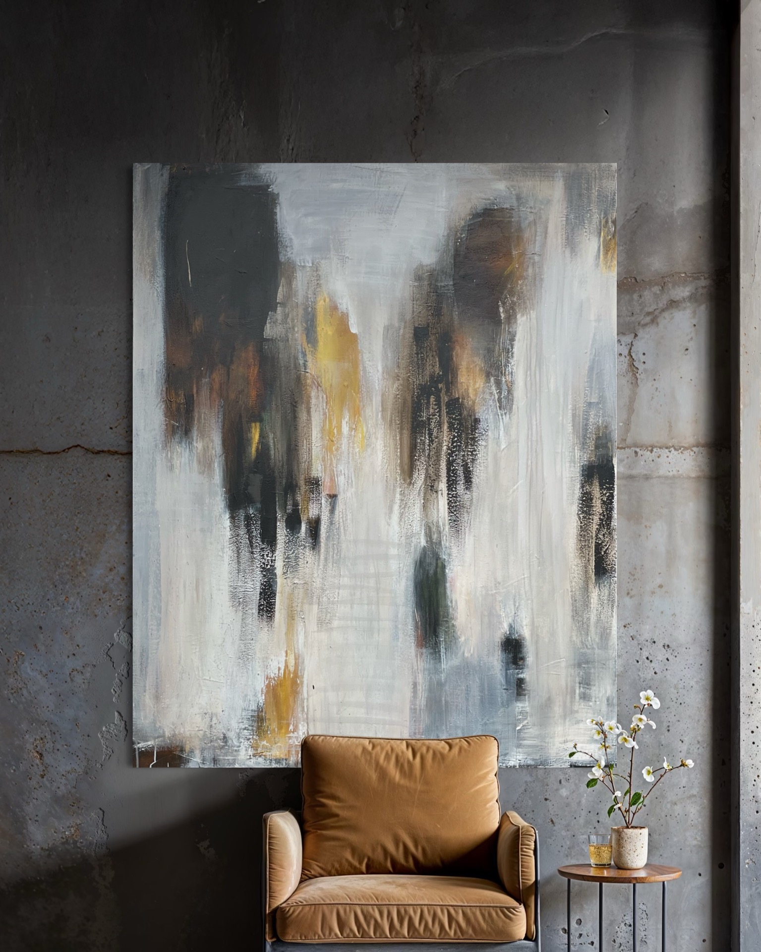 Abstrakt Maleri i hvid/beige/gul/brun - 120x150 cm - Moderne Kunst