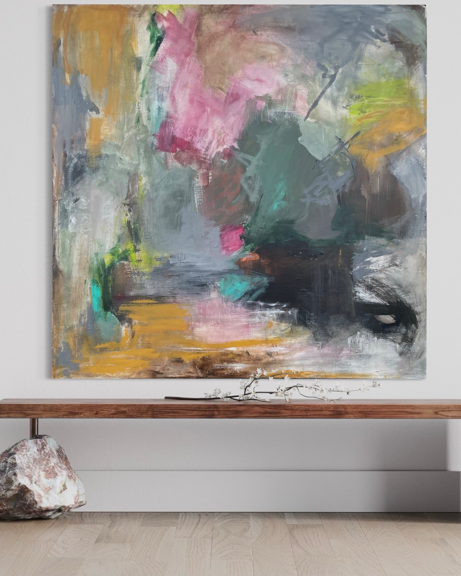 Farverigt Maleri i grønne/gule/røde farver -  100x100 cm - Moderne Kunst Maleri