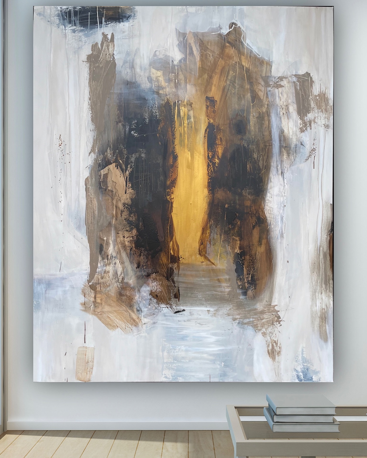 Stort Unika Maleri 120x150 cm - beige-brun-guld nuancer