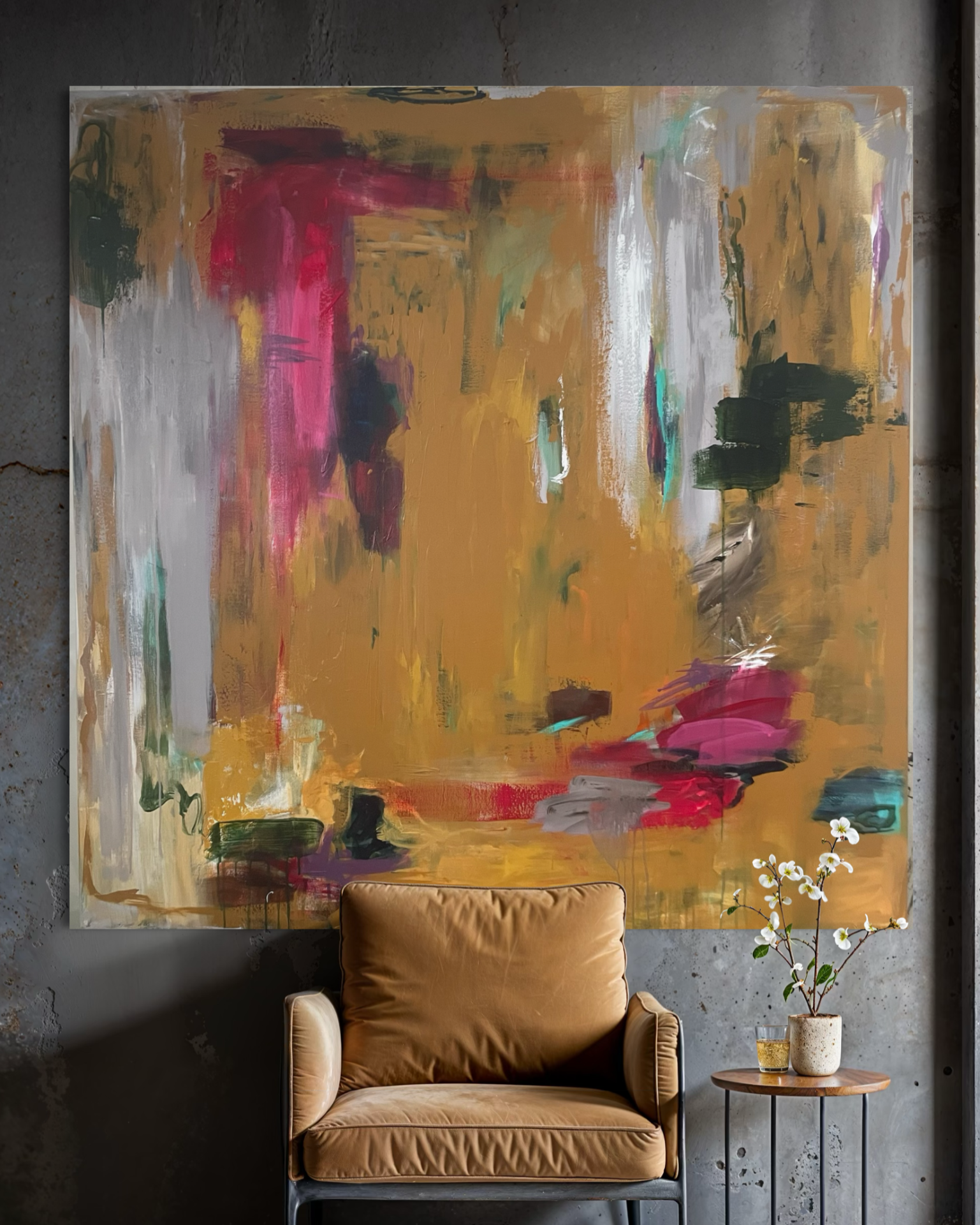 Abstrakt maleri i okker, pink, grøn og grå farve - 130x130 cm - Moderne kunst - 