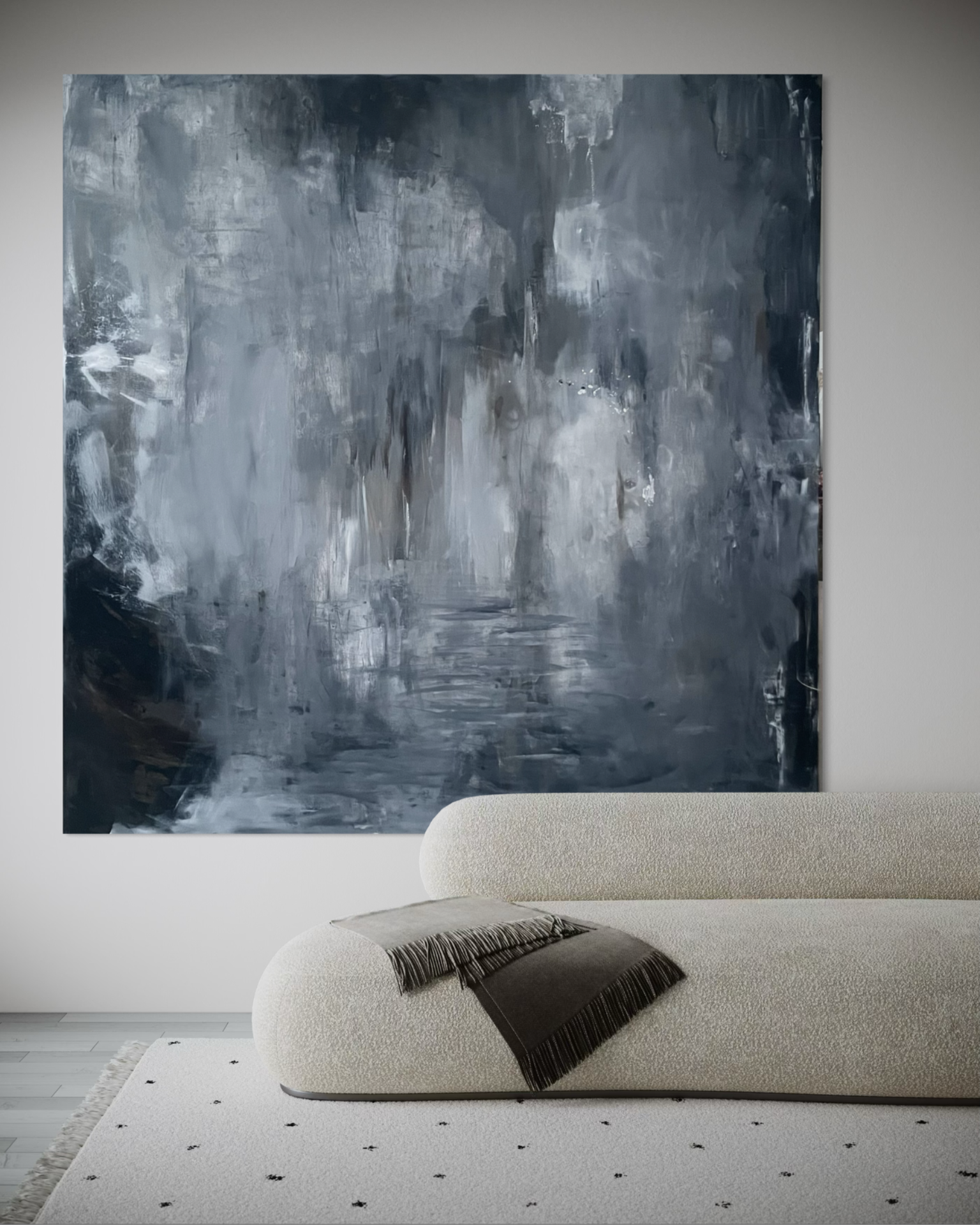 Stort maler i grå, hvide og sorte toner - 150x150 cm - Moderne Kunst