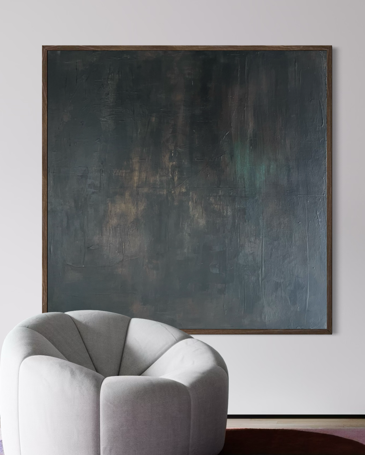 Abstrakt maleri i mørke toner og struktur - mørkebrune, sorte, grå og blå toner