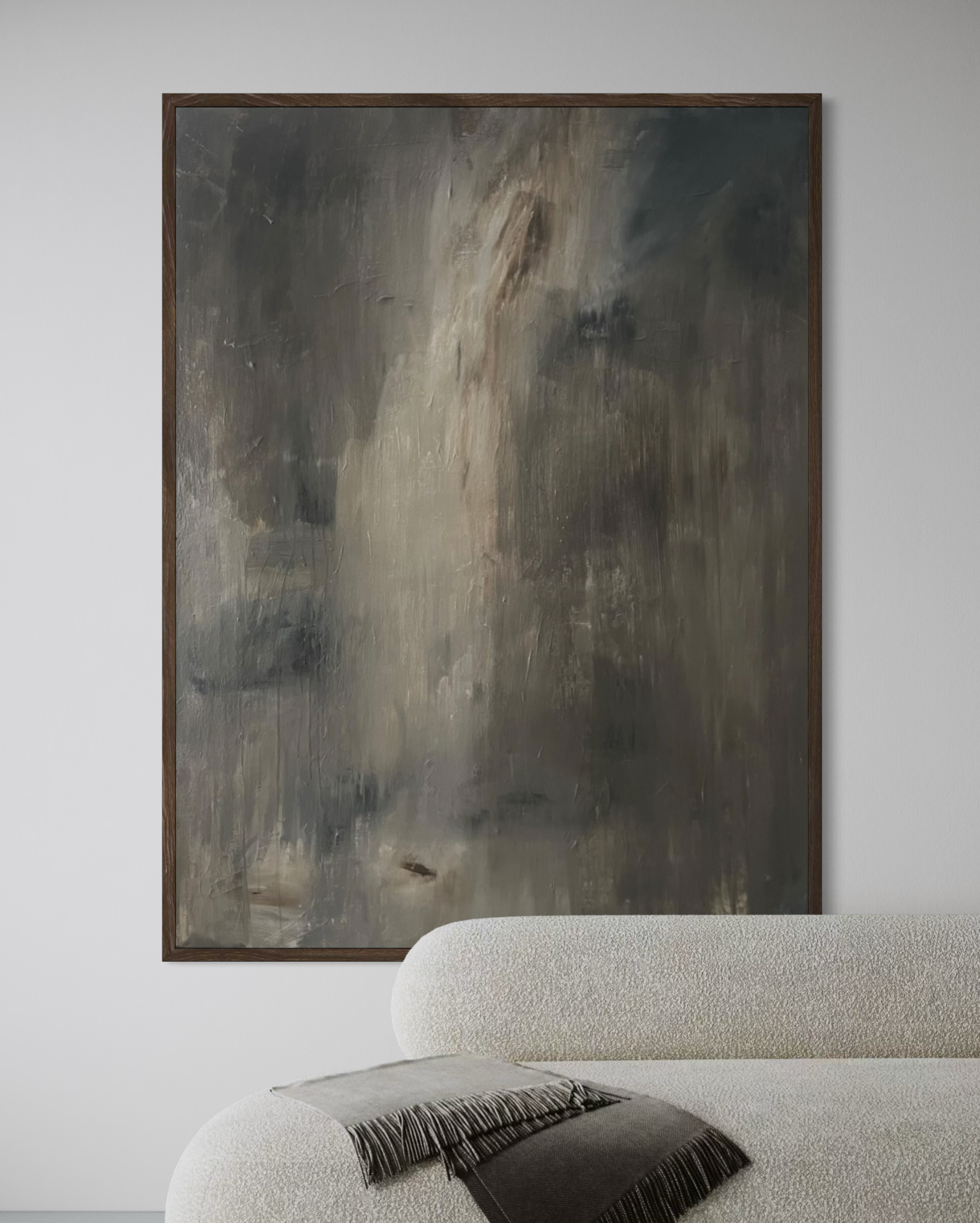 Moderne abstrakt maleri i mørke toner - brun, grå og beige - 90x120 cm