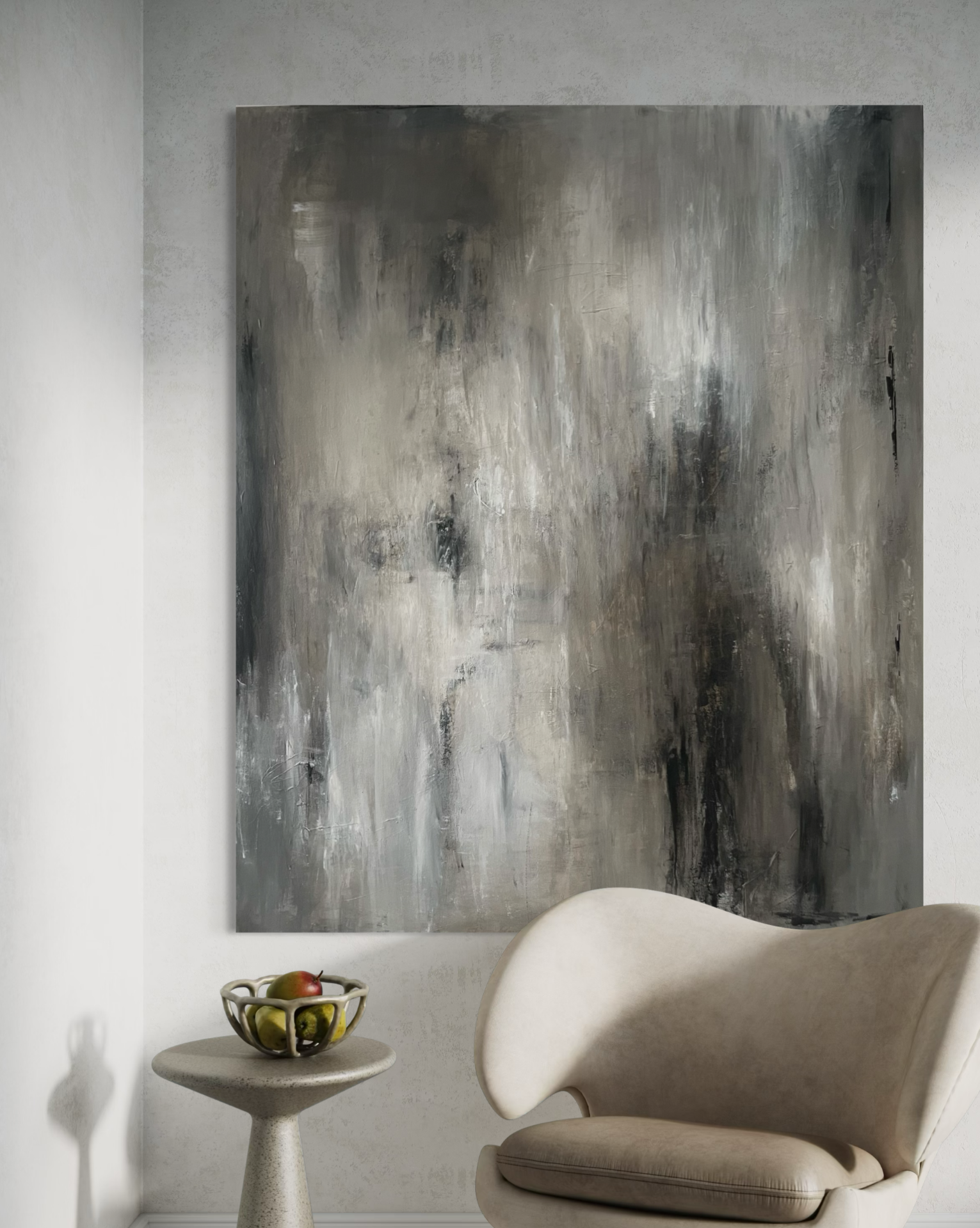 Stort maleri i grå, hvid, beige og sort - 100x120 cm