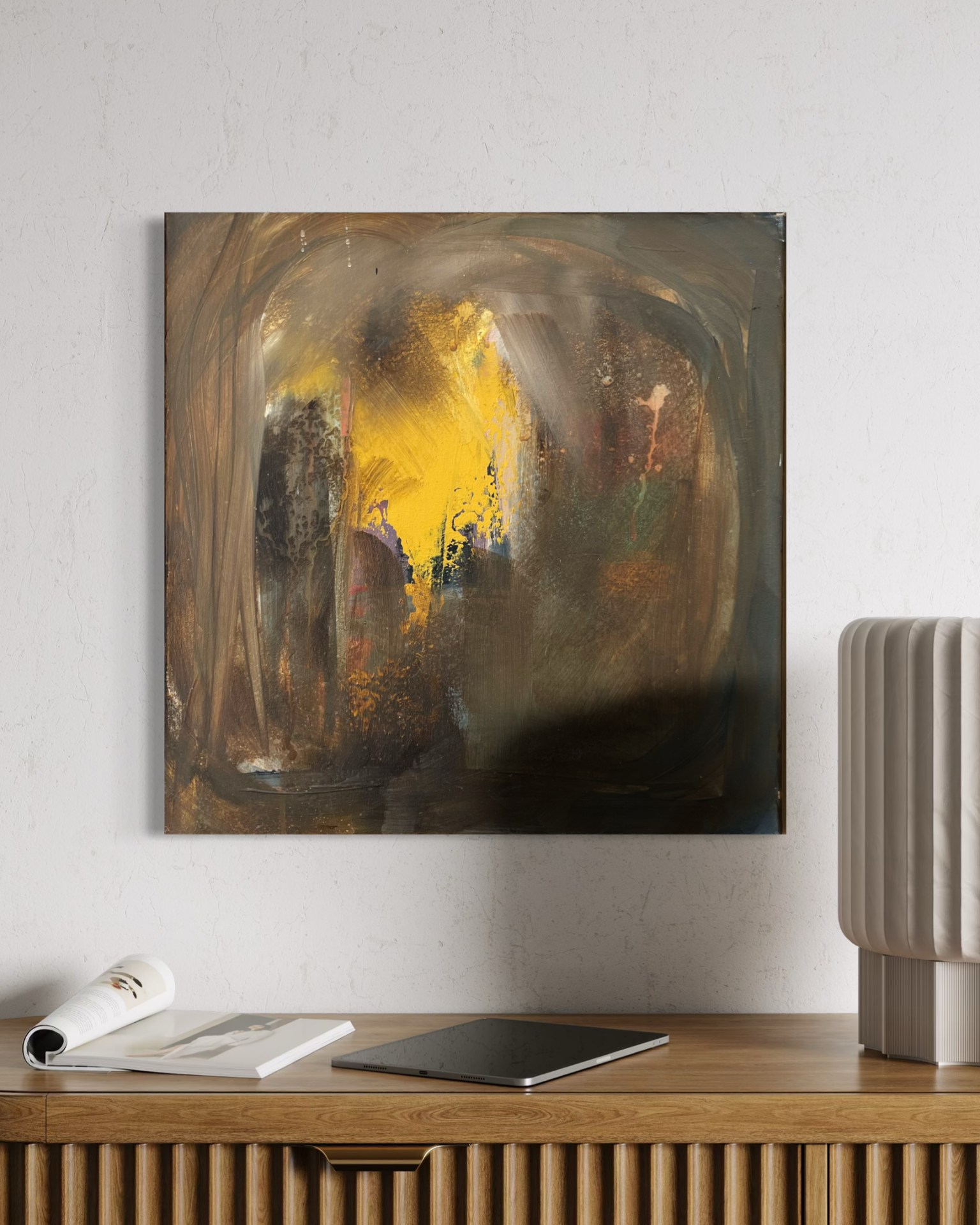 Lille Akryl Maleri gule/brune farver - 40x40 cm cm | Abstrakt Kunst