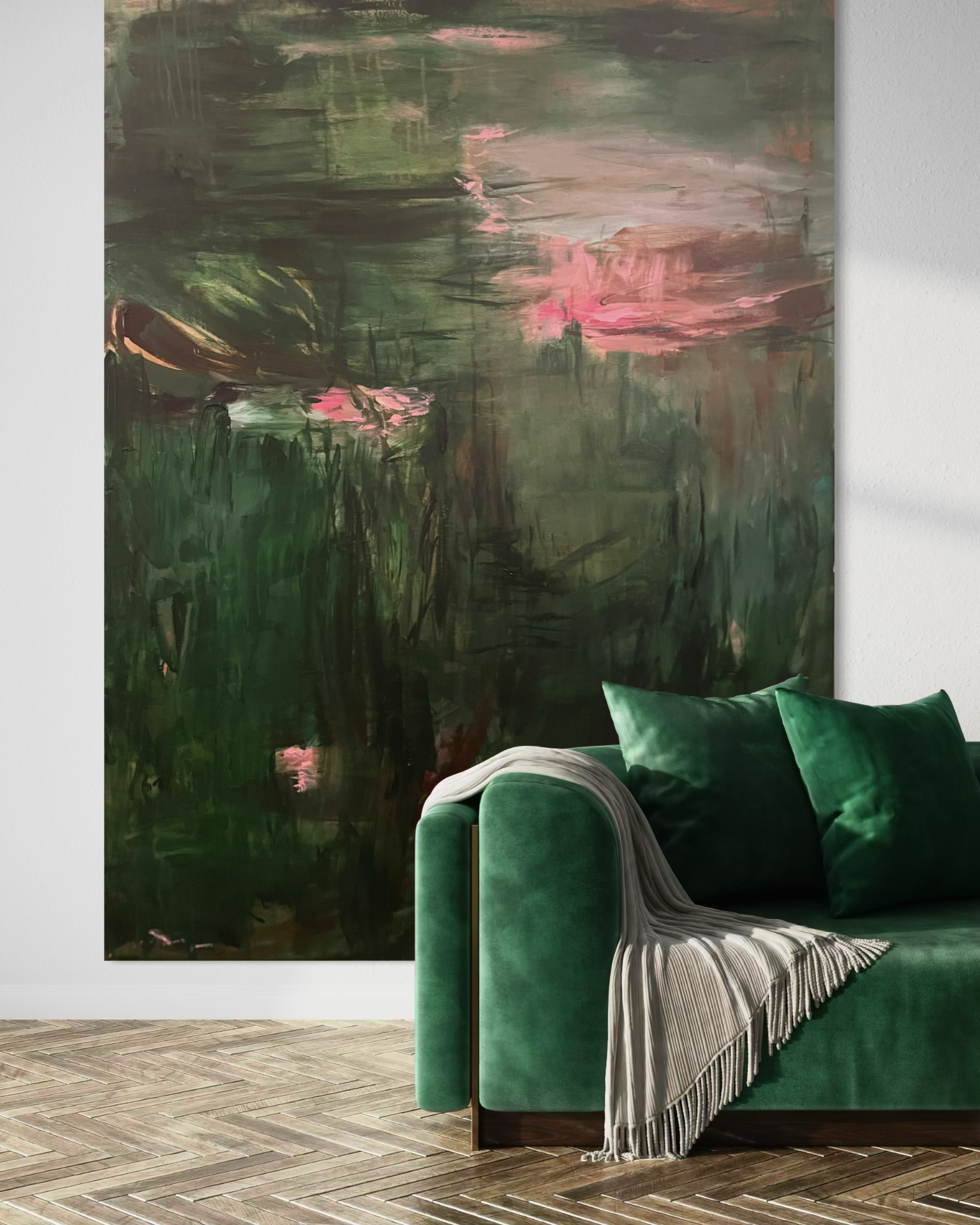 Abstrakt Maleri 90x120 cm i grønne og rosa toner - Moderne vægkunst