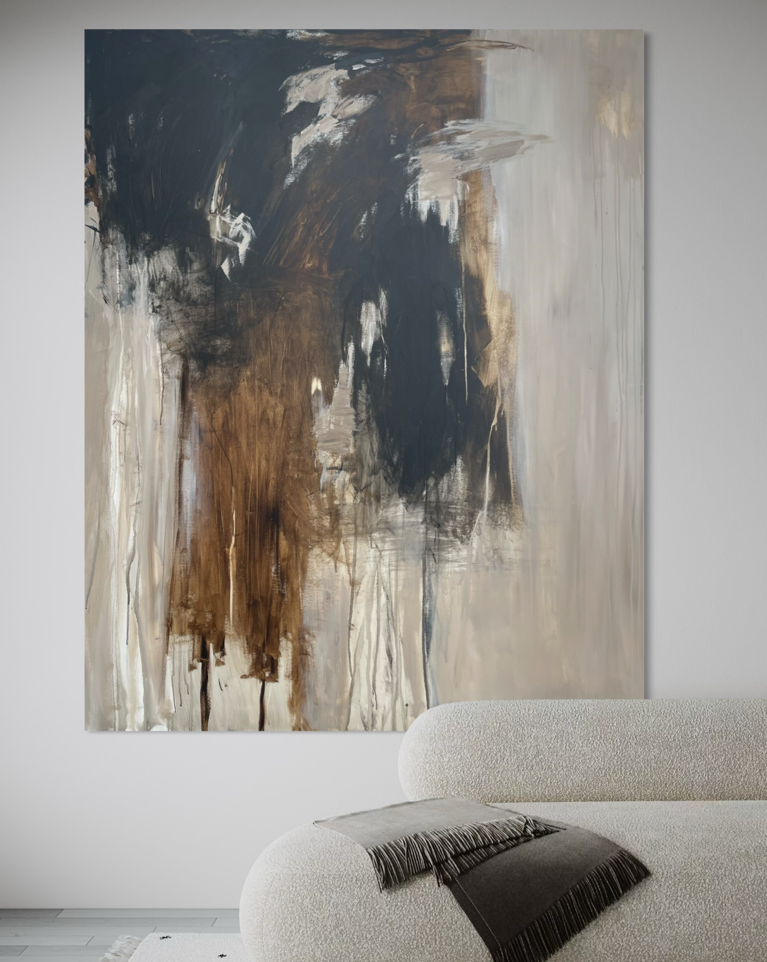 Akrylmaleri i beige, brune og sorte toner - abstrakt kunst