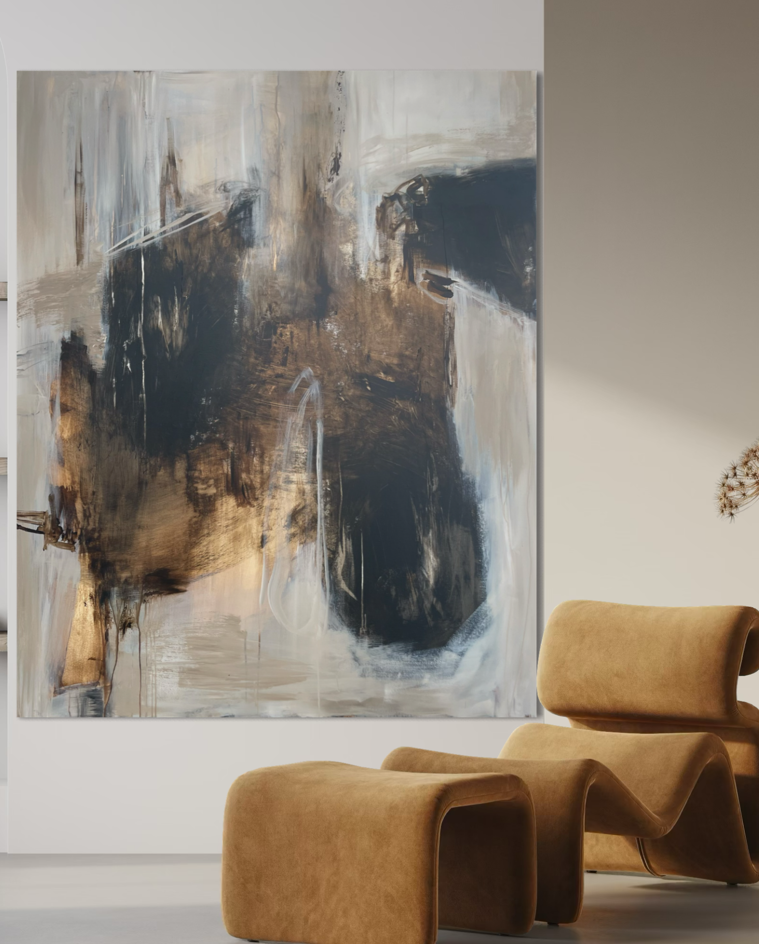 Stort moderne abstraktmaleri i beige, brune og sorte toner - abstrakt kunst