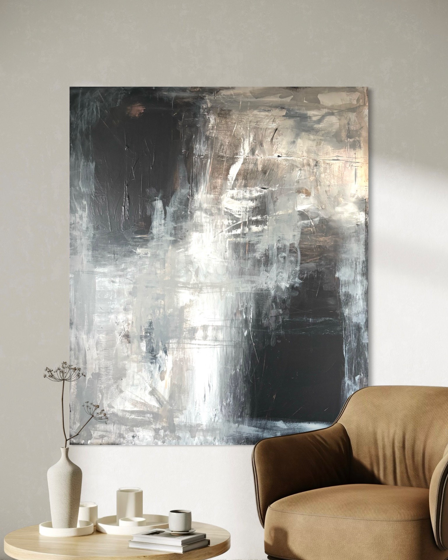 Originalt Abstrakt Maleri til stuen 120x100 cm - Sorte, hvide og beige toner