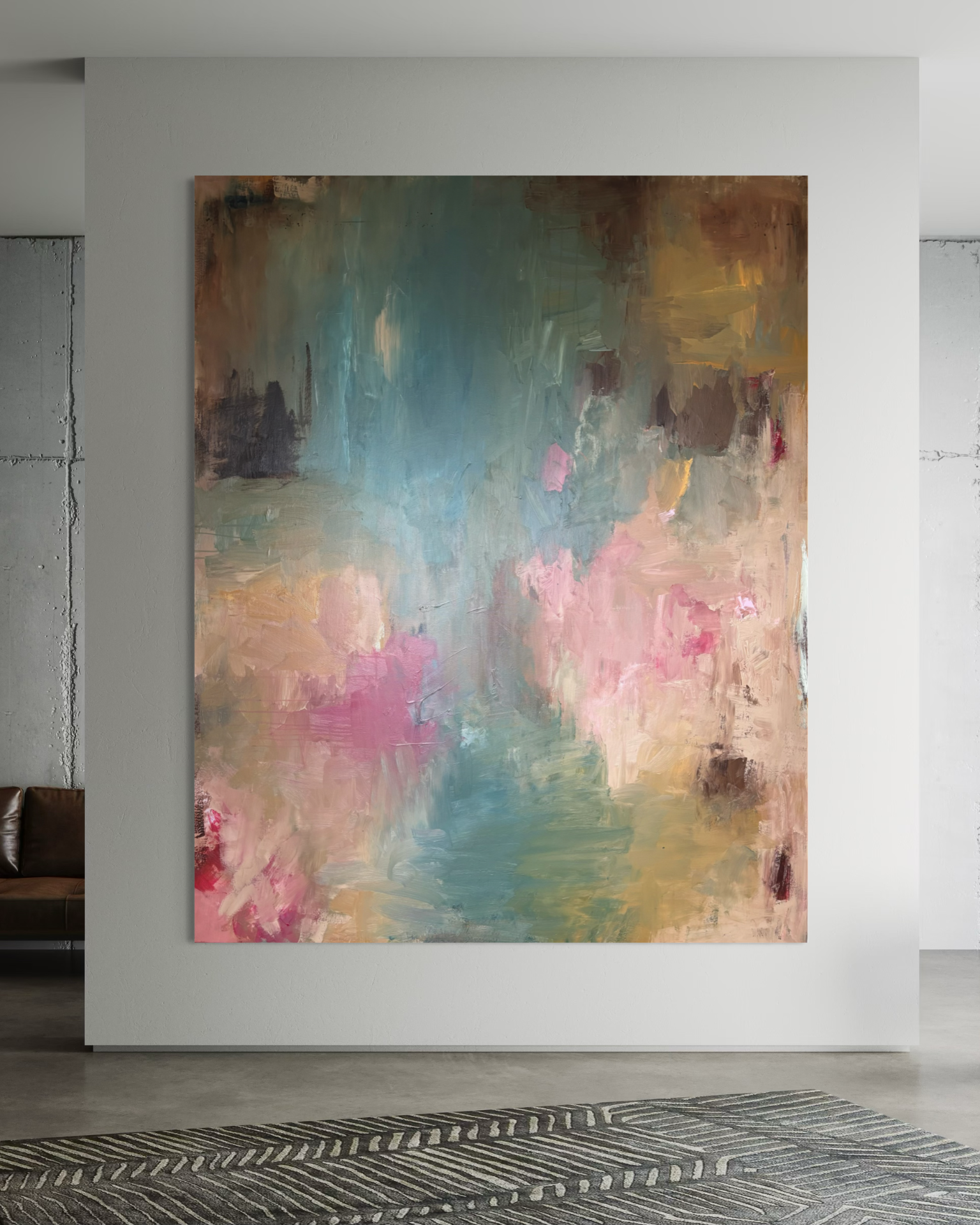 Originalt Stort Maleri til Stuen 120x150 cm - turkis, rosa, beige og grønne toner