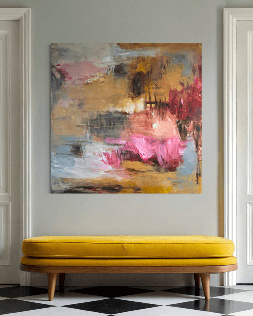 Abstrakt maleri "Morgensol" i okker, pink toner 100x100 cm | Charlotte-art