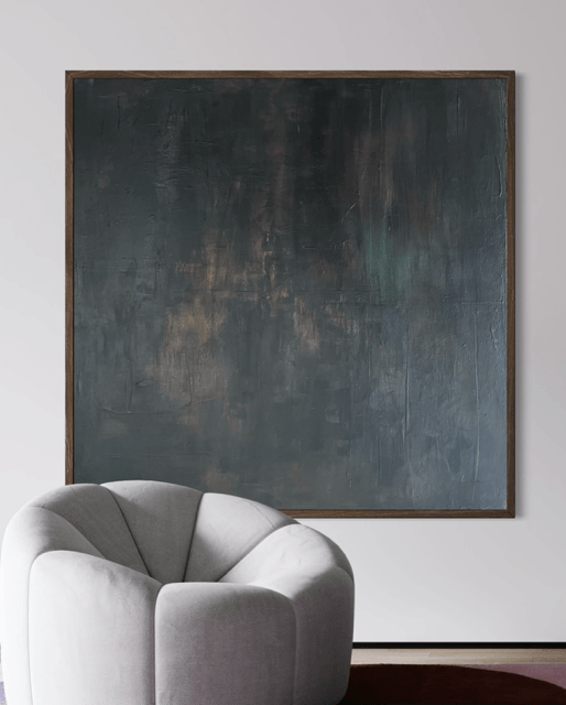 Abstrakt maleri "Understrøm" mørkebrunt og blåt med struktur 100x100 cm | Charlotte-art