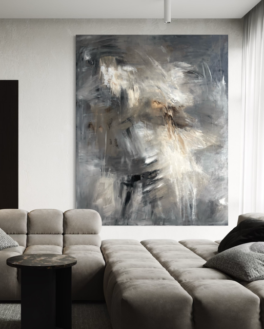 Abstrakt maleri stort grå-hvid-sort 120x150cm fra Charlotte-art