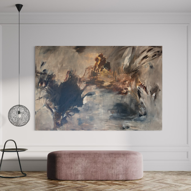 Stort aflangt abstrakt maleri i jordfarver 100x160 cm fra Charlotte-art - galleri Ølstykke - Nordsjælland