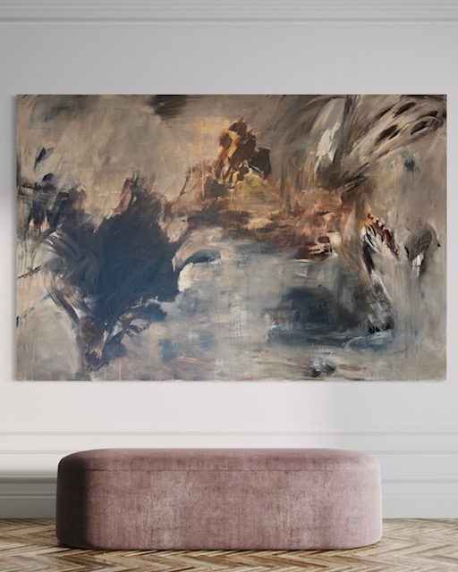 Abstrakt maleri stort NÆRVÆR vandret på væg i stuen 180x120cm | Charlotte-art