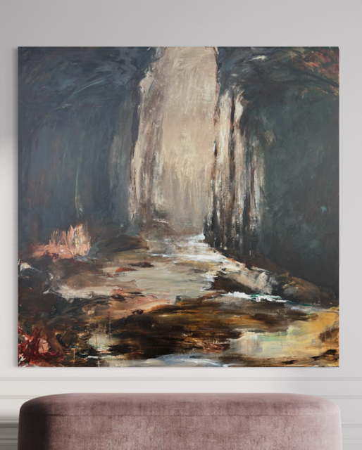 Abstrakt maleri KLIPPENS SPRÆKKE i jordfarver 150x150cm | Charlotte-art