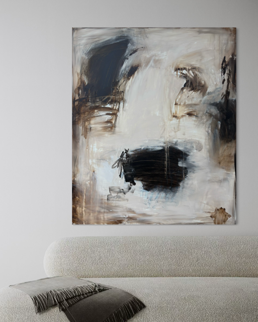 Abstrakt maleri i lyse, sorte og mørkebrune toner RÅ KONTRASTER 100x120cm | Charlotte-art