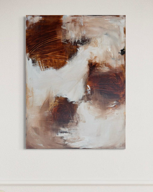 Abstrakt maleri i sandfarve og mørkebrune toner NÆRHED 60X80cm | Charlotte-art